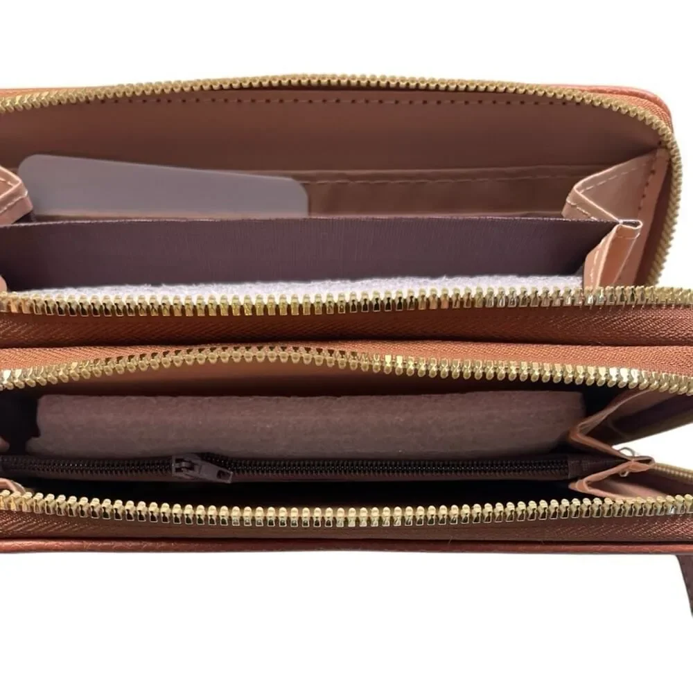 Brown Designer Inspired Lettering Double Zipper Wristlet Wallet